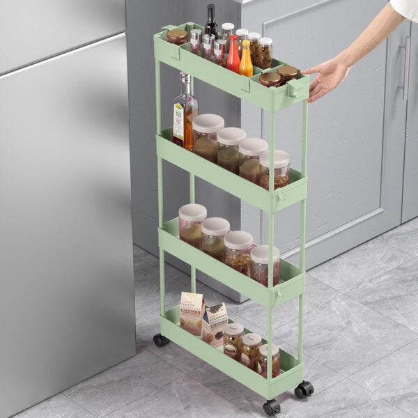 SPACELEAD Slim Storage Cart 4 Tier,Bathroom Organizer Rolling Utility,Mobile Shelving Unit Slide Out for Office, Kitchen, Laundry Room & Narrow Places，Green - Image 4