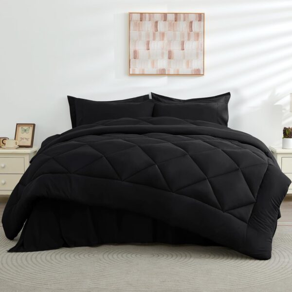 HEVUMYI Black Queen Comforter Set - 7-Piece All Season Bed in a Bag Queen, Ultra Soft Bedding Set with Comforter, Flat Sheet, Fitted Sheet, Pillowcases, Pillow Shams, Black - Image 7
