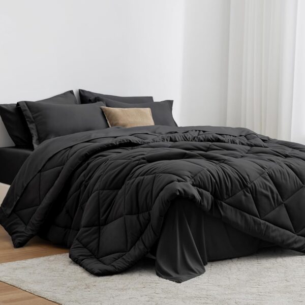 Love's cabin Queen Comforter Set Black, 7 Pieces Queen Bed in a Bag, All Season Queen Bedding Sets with 1 Comforter, 1 Flat Sheet, 1 Fitted Sheet, 2 Pillowcase and 2 Pillow Sham
