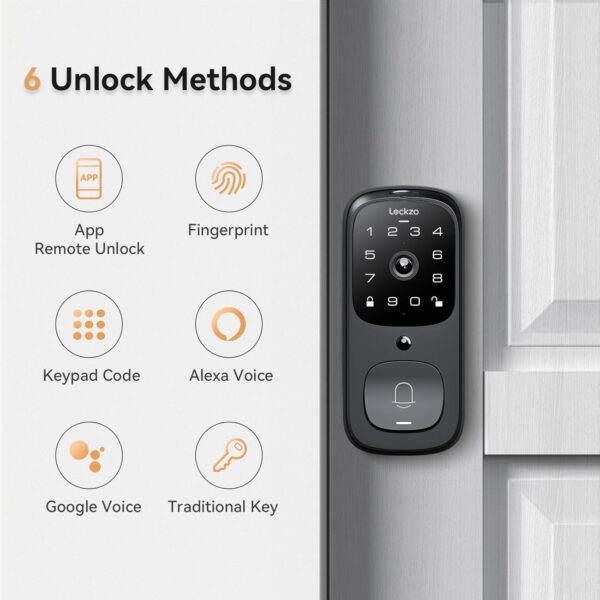 Video Smart Lock with Doorbell, 6 in 1 Keyless Entry Door Lock, Built-in WiFi Camera Deadbolt Lock for Front Door, Fingerprint, Keypad Code, App Control, Voice Control, Auto Lock, IP65, Video Calling - Image 2