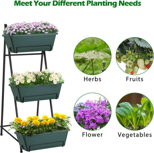 Raised Garden Bed 3 Tier Vertical Garden Planter Standing Garden Bed Planter Box Outdoor Herb Planter with Drainage Holes Removable Tray for Patio Balcony Porch Green - Image 3