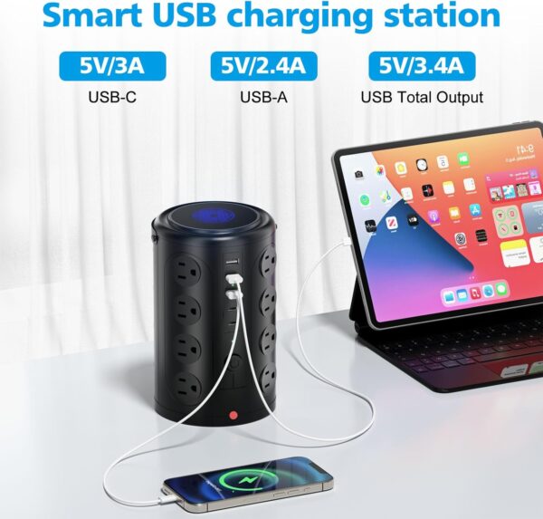 Tower Power Strip Surge Protector with 16 Outlets and 5 USB Ports (2 USB-C), 6FT Extension Cord with Multiple Outlets,Heavy Duty Charging Station,Home Office Dorm Room Essentials. No Wireless Charging - Image 5