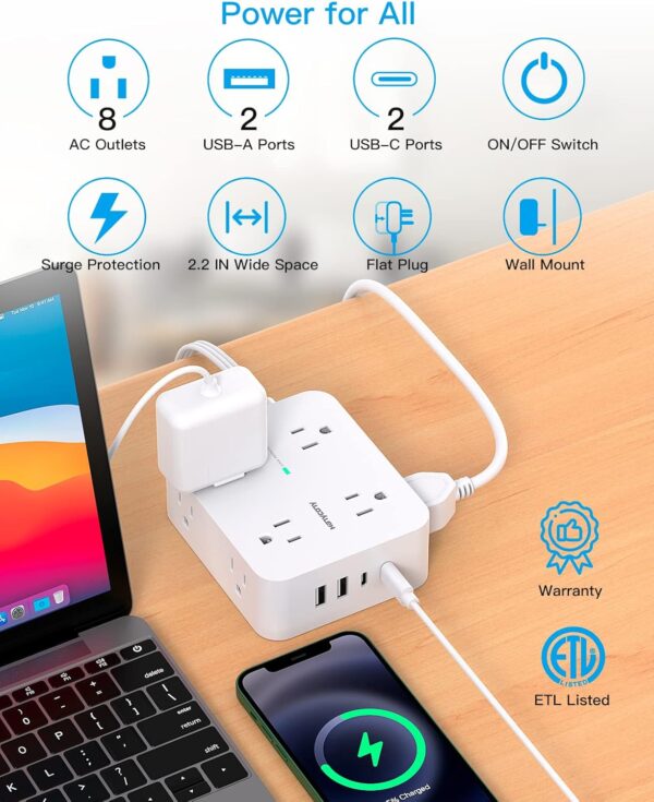 Surge Protector Power Strip, Extension Cord with Multiple Outlets, 5 Ft Ultra Thin Flat Plug 8 Outlets 4 USB Ports(2USB C),1080J Multi Plug Outlet Extender for Home Office College Dorm Room Essentials - Image 2