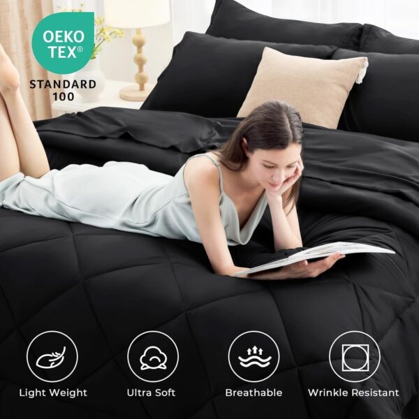 HEVUMYI Black Queen Comforter Set - 7-Piece All Season Bed in a Bag Queen, Ultra Soft Bedding Set with Comforter, Flat Sheet, Fitted Sheet, Pillowcases, Pillow Shams, Black - Image 3