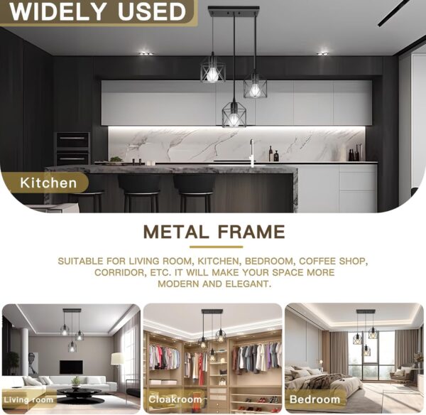3-Light Hanging Pendant Light Fixtures, Farmhouse Kitchen Island Light Fixture, Industrial Hanging Pendant Lighting for Dining Room Bedroom Hallway, Black Metal Cage Pendant Lamp, E26 Base - Image 4