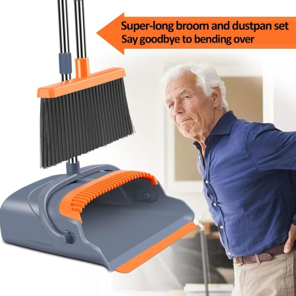kelamayi Upgrade Broom and Dustpan Set, Self-Cleaning with Dustpan Teeth, Indoor&Outdoor Sweeping, Ideal for Dog Cat Pets Home Use, Stand Up Broom and Dustpan (Gray&Orange) - Image 4