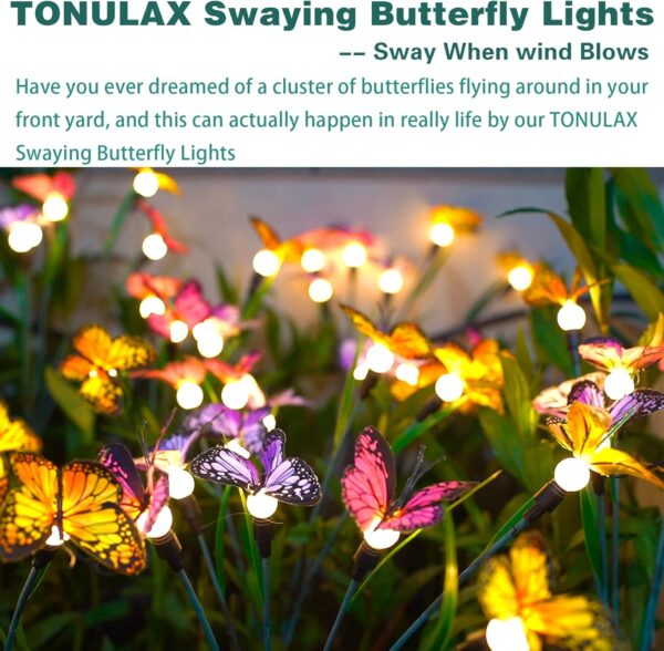 TONULAX Solar Garden Lights - Swaying Butterfly Light, Swaying in The Wind, Solar Outdoor Lights, Yard Patio Pathway Decoration, High Flexibility Iron Wire & Realistic Butterflies (2 Pack) - Image 5