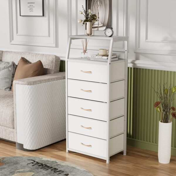 Furnulem White Dresser with 5 Drawers, Vertical Storage Tower Fabric Dresser for Bedroom, Hallway, Entryway, Nursery, Closet Organizer, Nightstand Bedside Table Furniture, Sturdy Steel Frame, Wood Top - Image 6