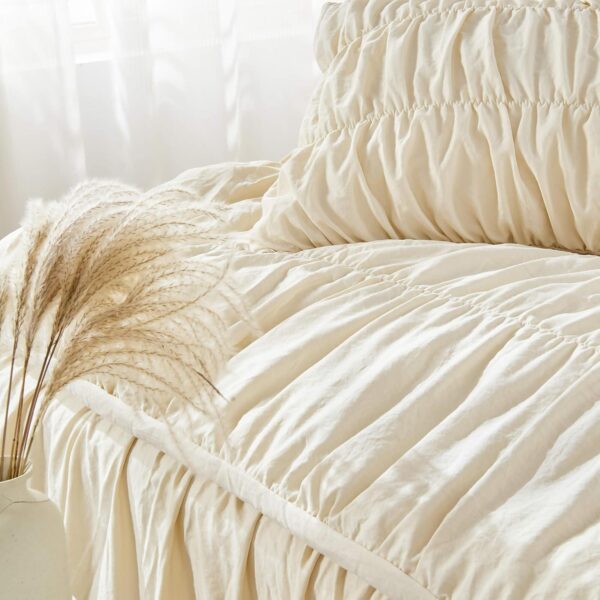 Queen Comforter Set Wheat Bedding - Ruched Comforter Queen Size Bed Set Boho Shabby Chic Bedding for Bedroom Comforter Fluffy 3 Piece Ruffle Comforter Set with Pillow White Bedding Soft - Image 3