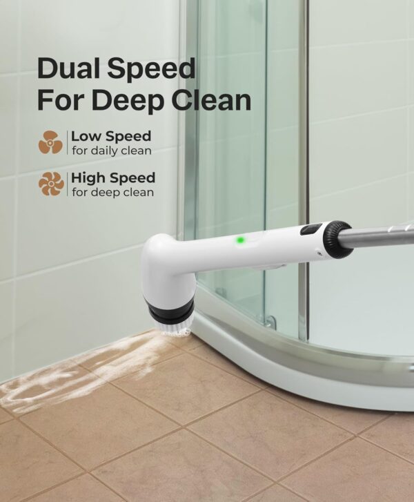 LyriFine Electric Spin Scrubber, New Full-Body IPX7 Waterproof Bathroom Cleaner Brush, Shower Scrubber with Long Handle & 2 Speed, Heads Replacement, Cleaning Supplies for Tub Shower Tile Floor - Image 4