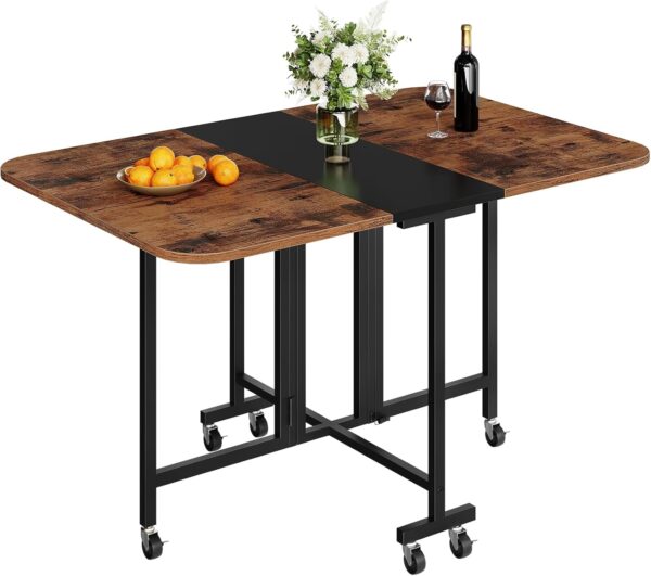 Folding Dining Table, Moveable Dining Table with Wheels, Foldable Dining Table, Space Saving Dining Table, for Dining Room, Kitchen, Living Room, Rustic Brown and Black TCZ04BF - Image 6