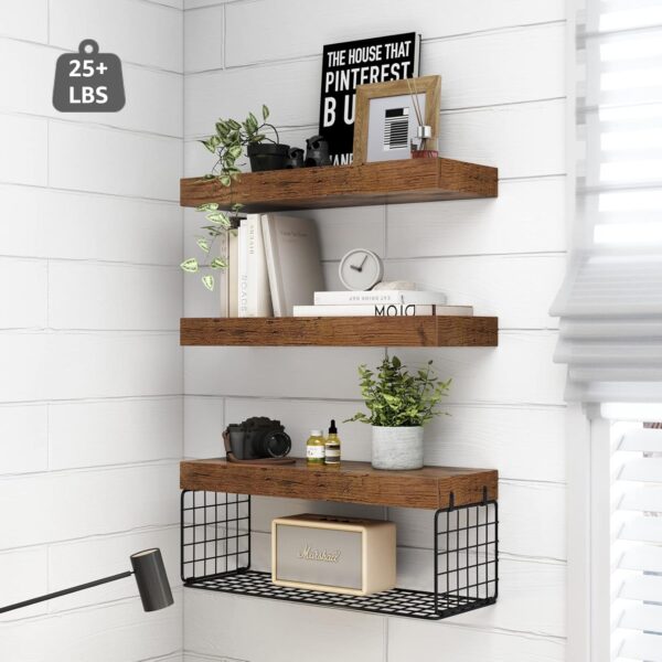 QEEIG Bathroom Shelves Over Toilet Wall Mounted Floating Shelves Farmhouse Shelf Toilet Paper Storage Small 16 inch Set of 3, Rustic Brown (019-BN3) - Image 4