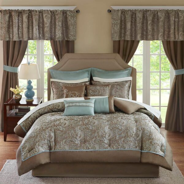 Madison Park Essentials Brystol 24 Piece Room in a Bag Faux Silk Comforter Jacquard Paisley Design Matching Curtains Down Alternative Hypoallergenic All Season Bedding-Set, Queen (90 in x 90 in), Blue - Image 14