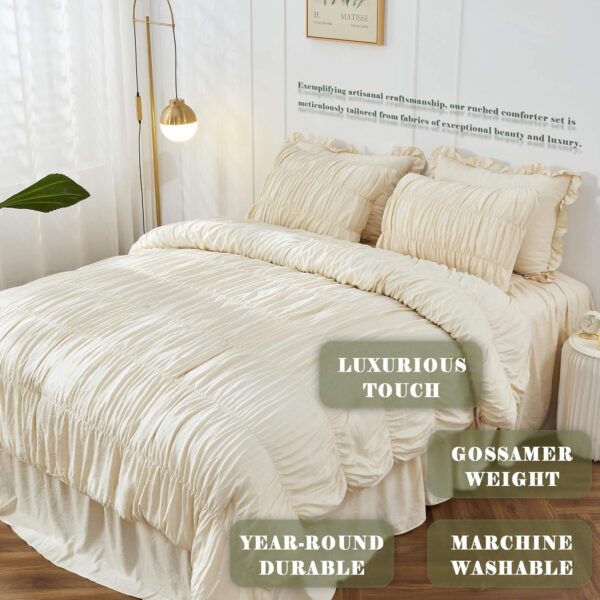 Queen Comforter Set Wheat Bedding - Ruched Comforter Queen Size Bed Set Boho Shabby Chic Bedding for Bedroom Comforter Fluffy 3 Piece Ruffle Comforter Set with Pillow White Bedding Soft - Image 2