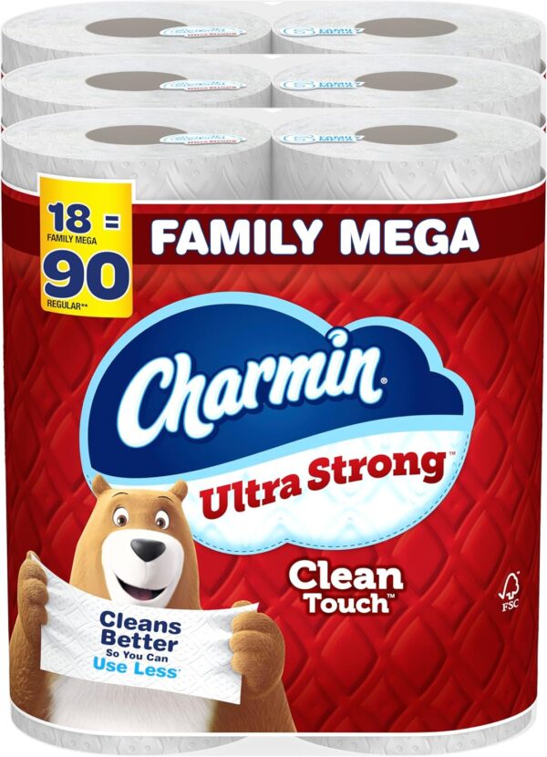 Charmin Toilet Paper Ultra Strong Clean Touch, 18 Family Mega Rolls = 90 Regular Rolls (Packaging May Vary), Household Essentials, Bathroom Essentials