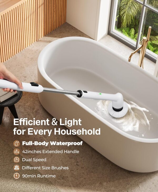 LyriFine Electric Spin Scrubber, New Full-Body IPX7 Waterproof Bathroom Cleaner Brush, Shower Scrubber with Long Handle & 2 Speed, Heads Replacement, Cleaning Supplies for Tub Shower Tile Floor - Image 2