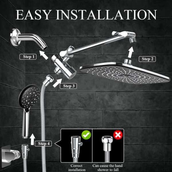 Veken High Pressure Rain Shower Head Combo with Extension Arm- Wide Showerhead with 6 Handheld Water Spray - Adjustable Dual Shower with Anti-Clog Nozzles - Silver Chrome - Image 6
