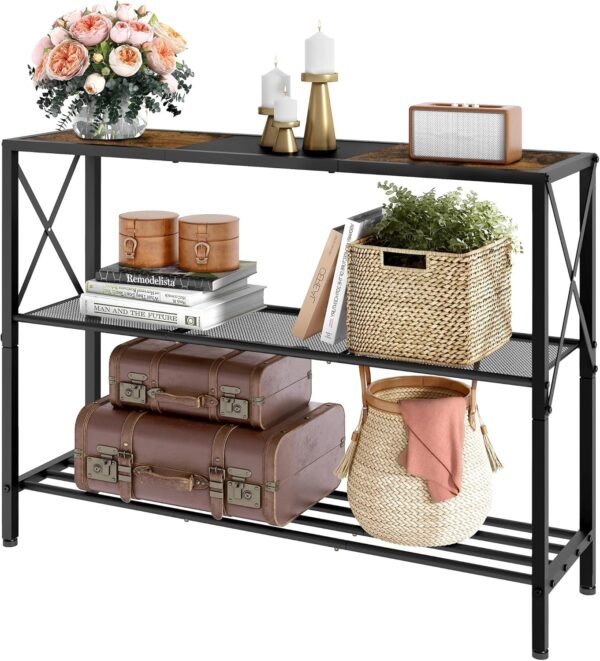 Hoctieon Industrial Console Table, 3 Tier Entryway Table, Hallway Table, Narrow Sofa Table with Shelves, Entrance Table for Entryway, Rustic Brown&Black