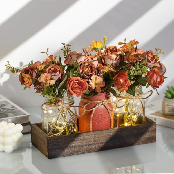 3 Pcs Mason Jar Centerpiece Table Decorations for Dining Table Decor Farmhouse Coffee Table Decor with Wood Tray and Led Light Table Centerpieces for Dining room Kitchen Living Bathroom,Orange - Image 2