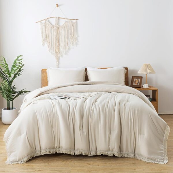 Andency Queen Comforter Set Beige, 3 Pieces Boho Lightweight Fluffy Bedding Comforters & Sets, Soft Tassel All Seasons Bed Set Gift Choice (90x90In Comforter & 2 Pillowcases) - Image 7
