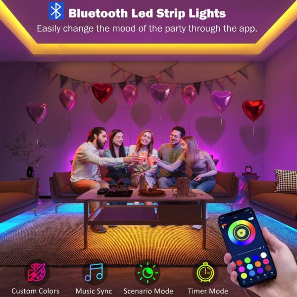 Led Lights for Bedroom 100 ft (2 Rolls of 50ft) Music Sync Color Changing RGB Led Strip Lights with Remote App Control Bluetooth Led Strip, Led Lights for Room Home Kitchen Party Decor - Image 2