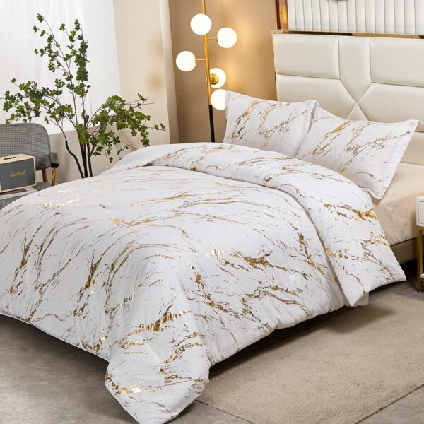 White Gold Metallic Marble Comforter Set King Foil Print Glitter Bedding Sets with 2 Pillowcases for All Seasons, Soft Microfiber Filling Bedding Duvet Set 103"x90" - Image 2