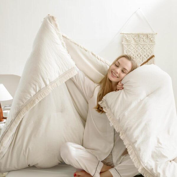 Andency Queen Comforter Set Beige, 3 Pieces Boho Lightweight Fluffy Bedding Comforters & Sets, Soft Tassel All Seasons Bed Set Gift Choice (90x90In Comforter & 2 Pillowcases) - Image 3