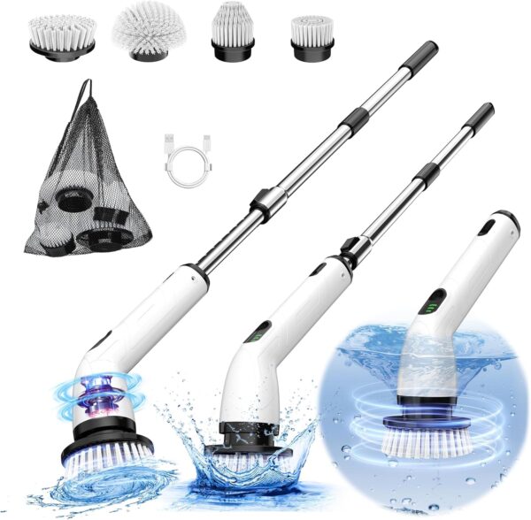 Electric Spin Scrubber, New Cordless Shower Cleaning Brush with Replaceable Brush Heads, Adjustable Speeds, and Adjustable Extension Handle for Bathroom Floor and Tile
