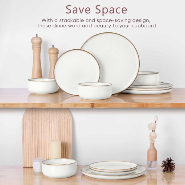 Herogo 12 Pieces Stoneware Dinnerware Dishes Set for 4, Kitchen Handmade Dining Plates and Bowls Sets, Double Reactive Glaze, Microwave & Dishwasher Safe, Scratch Resistant, Ivory White - Image 3