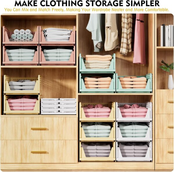 SNSLXH 5 Pack Stackable Closet Organizer Box, Multifunctional & Foldable Closet Storage Basket for Bathroom Kitchen Laundry Room Wardrobe Storage, Space-Saving Clothes Storage Drawer Organizer, White - Image 3