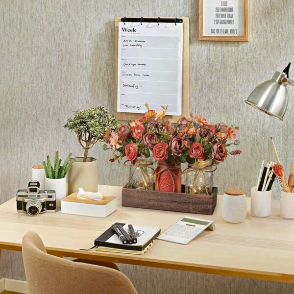 3 Pcs Mason Jar Centerpiece Table Decorations for Dining Table Decor Farmhouse Coffee Table Decor with Wood Tray and Led Light Table Centerpieces for Dining room Kitchen Living Bathroom,Orange - Image 3