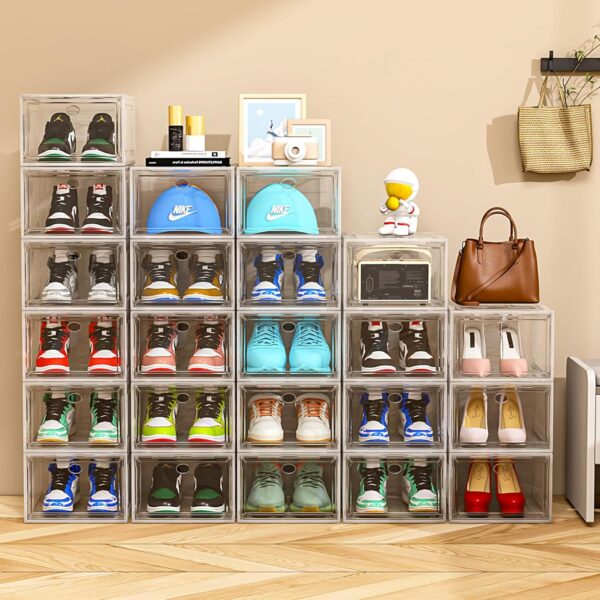 Thicken & Sturdy Clear Shoe Storage Organizer with Magnetic Door, Stackable Boxes for Closet, Foldable Space-Saving Shoe Rack for Sneaker Boot Container, Plastic Shoe Cabinet Shoe Box 6 Pack, White - Image 7
