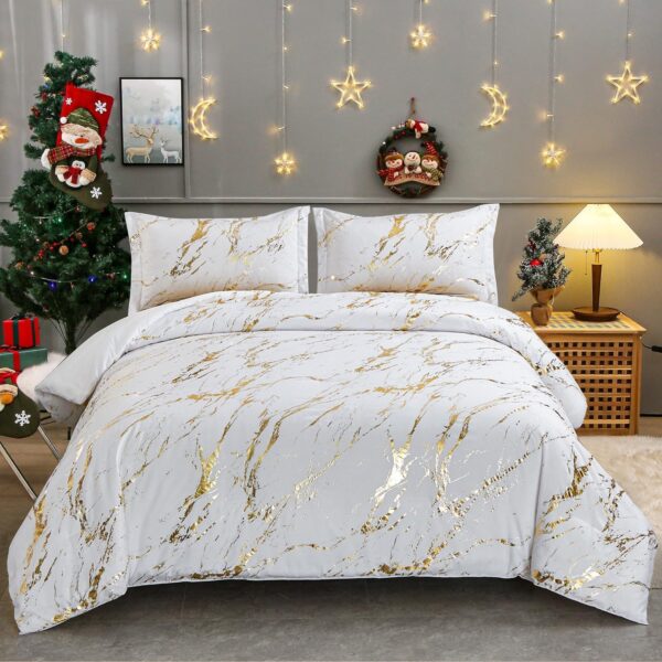 White Gold Metallic Marble Comforter Set King Foil Print Glitter Bedding Sets with 2 Pillowcases for All Seasons, Soft Microfiber Filling Bedding Duvet Set 103"x90" - Image 7