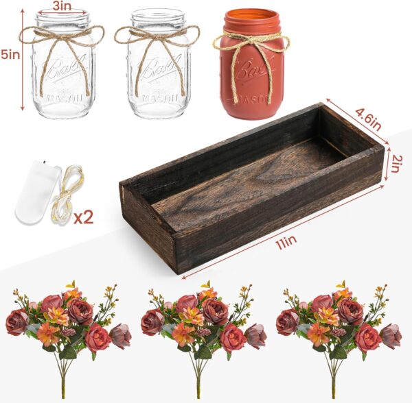 3 Pcs Mason Jar Centerpiece Table Decorations for Dining Table Decor Farmhouse Coffee Table Decor with Wood Tray and Led Light Table Centerpieces for Dining room Kitchen Living Bathroom,Orange - Image 7