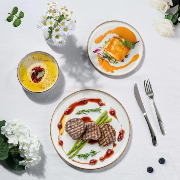 Herogo 12 Pieces Stoneware Dinnerware Dishes Set for 4, Kitchen Handmade Dining Plates and Bowls Sets, Double Reactive Glaze, Microwave & Dishwasher Safe, Scratch Resistant, Ivory White - Image 6
