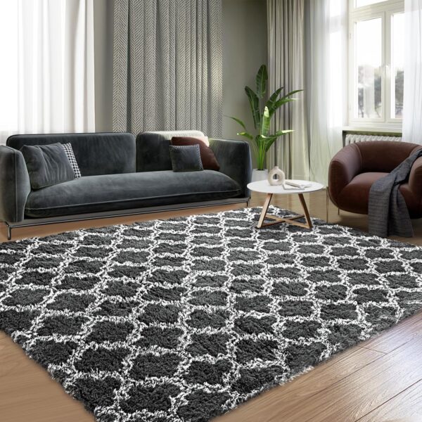 Area Rugs 8x10, Shag Rugs for Living Room, High Pile Fluffy Carpet for Bedroom, Playroom, Nursery, Home Decor, Geometric, Dark Grey/White