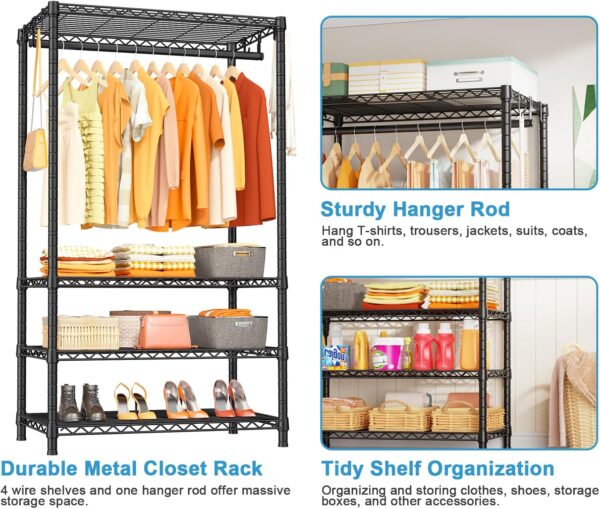 Ulif H4 Portable Closets, 4-Tier Metal Clothes Garment Rack for Bedroom and Cloakroom, Clothing Closet Storage and Organizer Wardrobe, 35.4" W x 14" D x 76.4" H, Black - Image 6