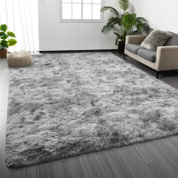 Large Shag Area Rugs 6 x 9, Tie-Dyed Plush Fuzzy Rugs for Living Room, Ultra Soft Fluffy Furry Rugs for Bedroom, Indoor Carpet Nursery Rugs for Kids Room Home Decor, Light Grey