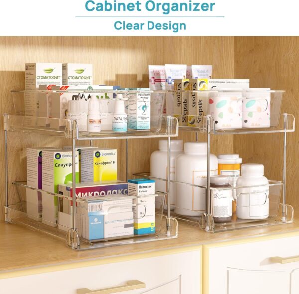 Vtopmart 4 Pack Bathroom Organizer, 2 Tier Clear Under Sink Organizers Vanity Countertop Storage Container,Cabinet Drawers Bins, Pull-Out Organization with Track for Pantry, Kitchen - Image 3