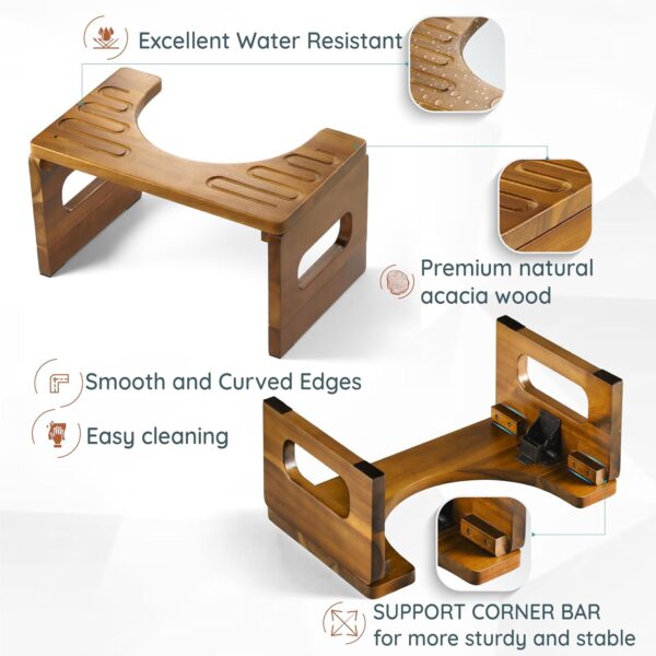 BLUEWEST Foldable Toilet Stool, 7'' and 9'' Adjustable Heights Acacia Wood Poop Stool for Potty Training,Durable Collapsible Bathroom Stool, Adjustable Height for Family Members with Non-Slip Layer - Image 3