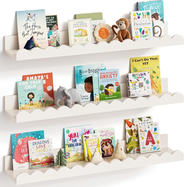 G&W Gruwald Nursery Book Shelves, Set of 3, Nursery Decor for Baby and Toddler, Scalloped Shelves, Book Shelf for Kids Rooms, Wall Book Shelves for Bedroom Kids, Floating Book Shelves for Wall
