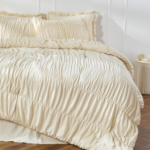 Queen Comforter Set Wheat Bedding - Ruched Comforter Queen Size Bed Set Boho Shabby Chic Bedding for Bedroom Comforter Fluffy 3 Piece Ruffle Comforter Set with Pillow White Bedding Soft - Image 6