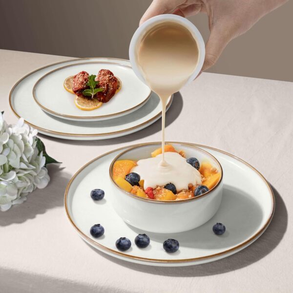 Herogo 12 Pieces Stoneware Dinnerware Dishes Set for 4, Kitchen Handmade Dining Plates and Bowls Sets, Double Reactive Glaze, Microwave & Dishwasher Safe, Scratch Resistant, Ivory White - Image 7