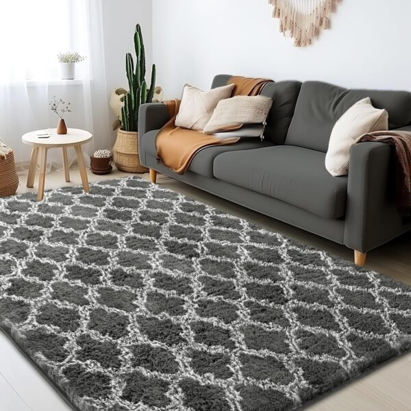 Area Rugs 8x10, Shag Rugs for Living Room, High Pile Fluffy Carpet for Bedroom, Playroom, Nursery, Home Decor, Geometric, Dark Grey/White - Image 6