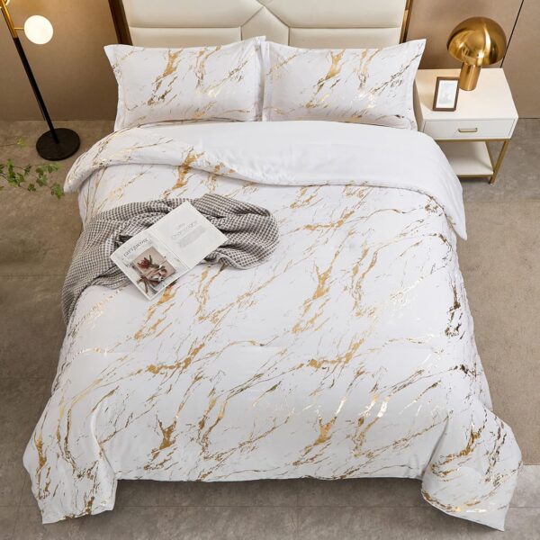 White Gold Metallic Marble Comforter Set King Foil Print Glitter Bedding Sets with 2 Pillowcases for All Seasons, Soft Microfiber Filling Bedding Duvet Set 103"x90" - Image 4