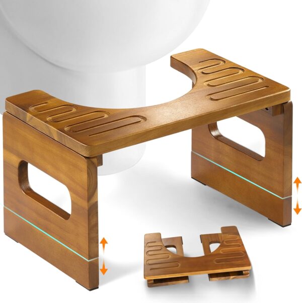 BLUEWEST Foldable Toilet Stool, 7'' and 9'' Adjustable Heights Acacia Wood Poop Stool for Potty Training,Durable Collapsible Bathroom Stool, Adjustable Height for Family Members with Non-Slip Layer