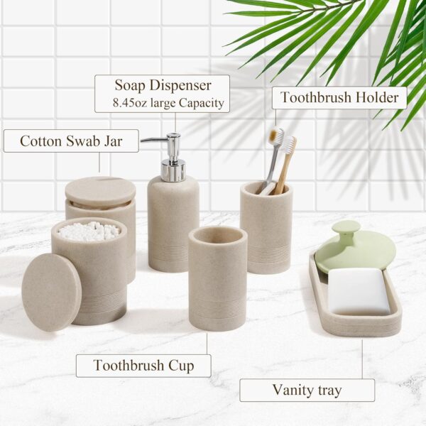 Bathroom Accessories Set, 6-Piece Bathroom Accessory Set, Toothbrush Holders Set, Soap Dispenser, Vanity Tray, Tumbler, Cotton Swab Jars, Bathroom Organizer for Modern Bathrooms(Beige) - Image 6