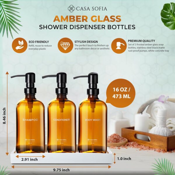 Shampoo and Conditioner Dispenser | Refillable Shampoo Dispenser Bottles with Pump | Set of 3, 16 OZ Amber Glass Shower Soap Dispensers with Concrete Tray | Modern Bathroom Essentials - Image 3