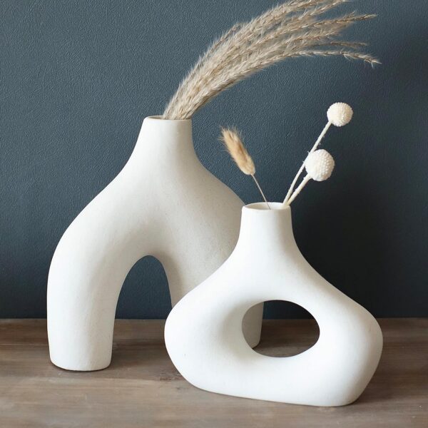 Carrot's Den Donut Vase, Set of 2 - Minimalist Nordic, White Ceramic Hollow Donut Vase Decor | Table Centerpiece, Olive Plant, Wedding, Living Room, Bookshelf, Office, Modern Home, Entryway, Console - Image 6