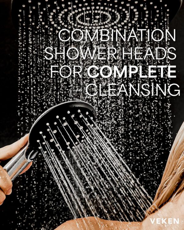 Veken High Pressure Rain Shower Head Combo with Extension Arm- Wide Showerhead with 6 Handheld Water Spray - Adjustable Dual Shower with Anti-Clog Nozzles - Silver Chrome - Image 7